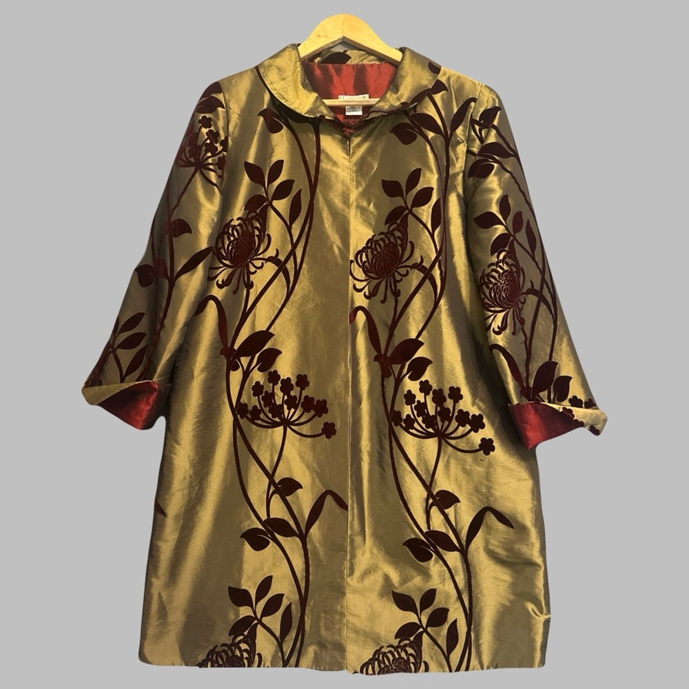 Grace Chuang Silk Taffeta Long Jacket Size L Flocked Floral Print Art To Wear